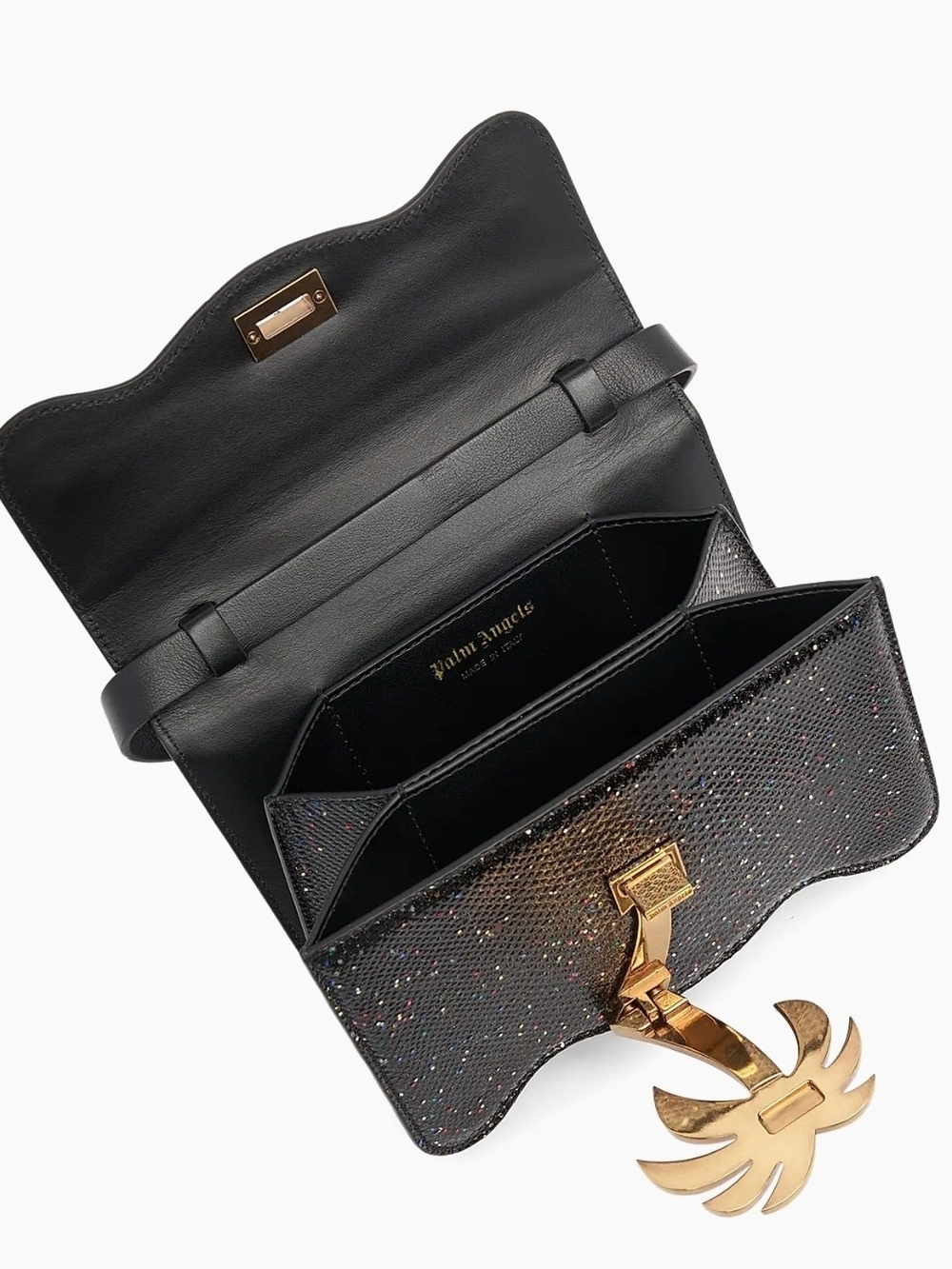 Palm Angels Black Glitter Leather Crossbody Bag with Gold Hardware